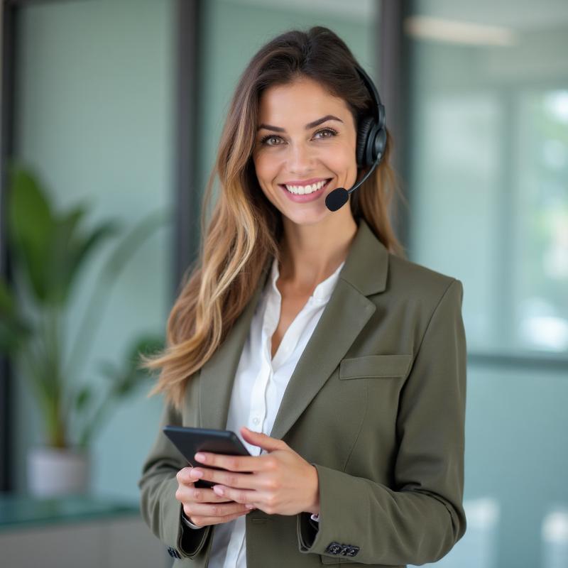 Professional female virtual assistant holding phone
